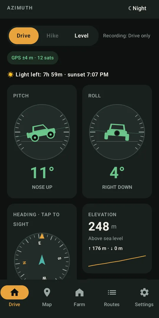 Azimuth Drive screen with pitch and roll gauges